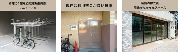 倉庫の1室を自転車駐輪場にリニューアル／前所有者がしようしていたが、現在は利用機会がない倉庫／すし店の退去後、用途がなかったスペース