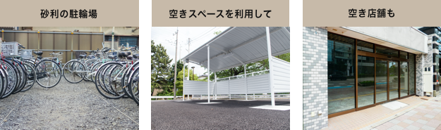砂利の駐車場/空きスペースを利用して/空き店舗も